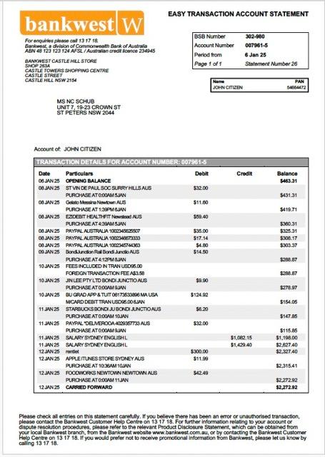 Download Australia Bankwest account statement Photoshop template